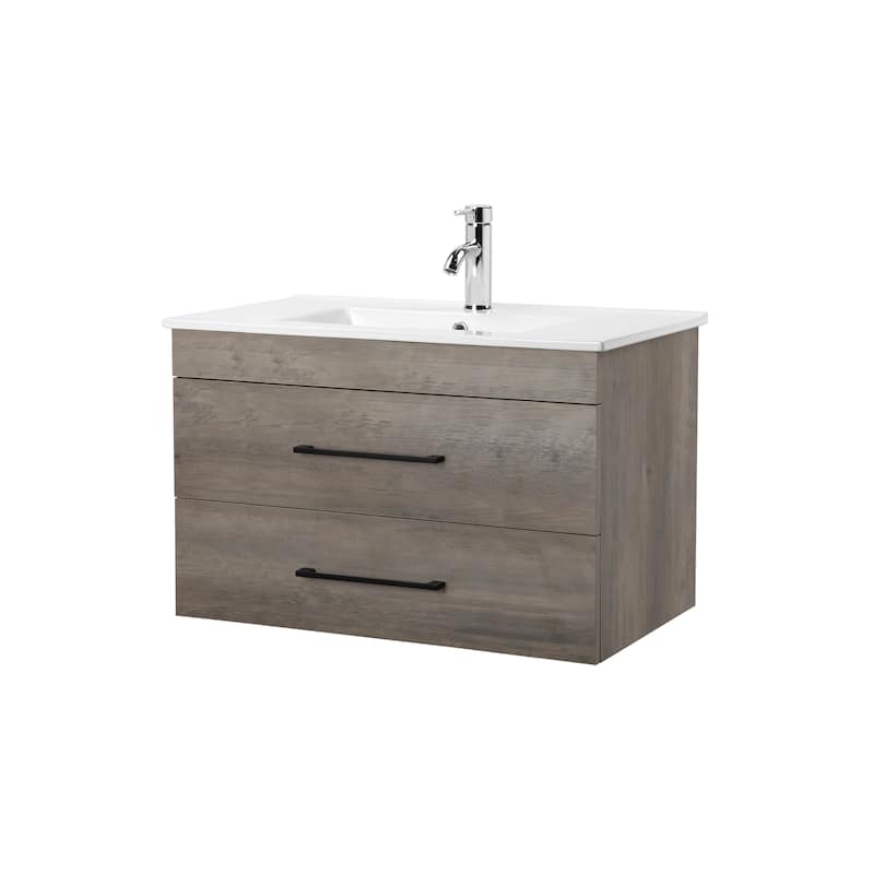32" Wall-Mounted Bathroom Vanity with Double Drawers,White Sink,Mirror