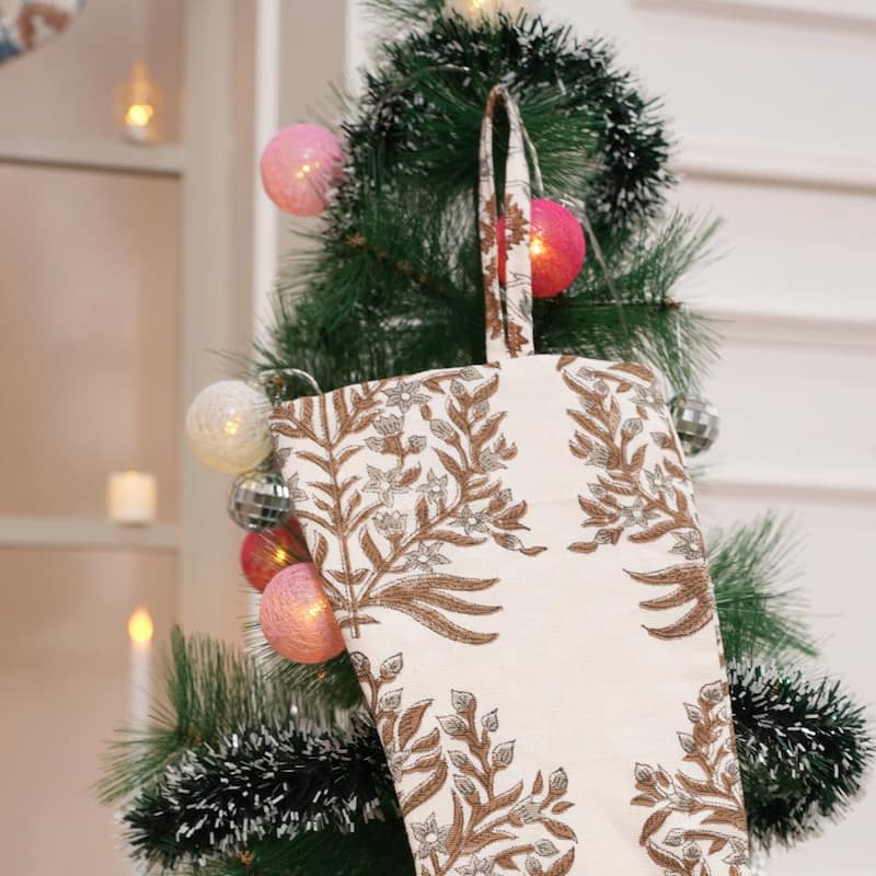Fabdivine Handmade Christmas Stocking Floral Block Print 10X4.5 Inch Tassel Loop for Home Décor - 10"X4.5" - Vrindavan- White, Grey, Brown - Christmas Stockings