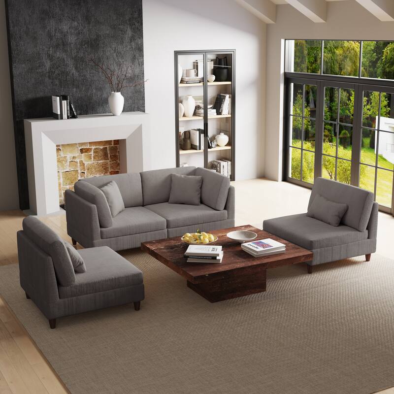 4-Piece Modern Corduroy Modular Sectional Sofa with pillows For Living Room