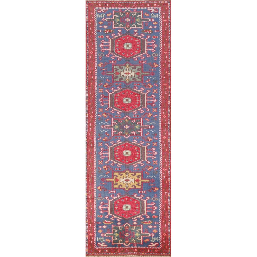 Hand Knotted Oriental 100% Wool Carpet Transitional Geometric Navy Blue & Blues Khotan Runner Rug - 9' 11'' X 2' 6''
