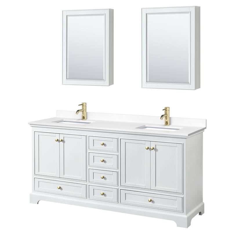 Deborah 72-inch Double Vanity, Cultured Marble Top, Medicine Cabinets - White, Gold Trim, White Cultured Marble Top