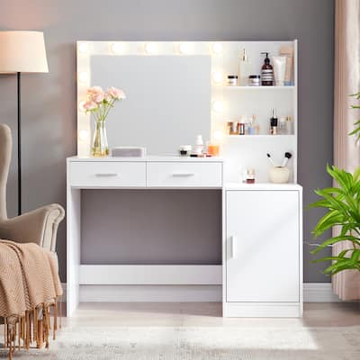 Modern Vanity Desk with Mirror, Lights and Storage