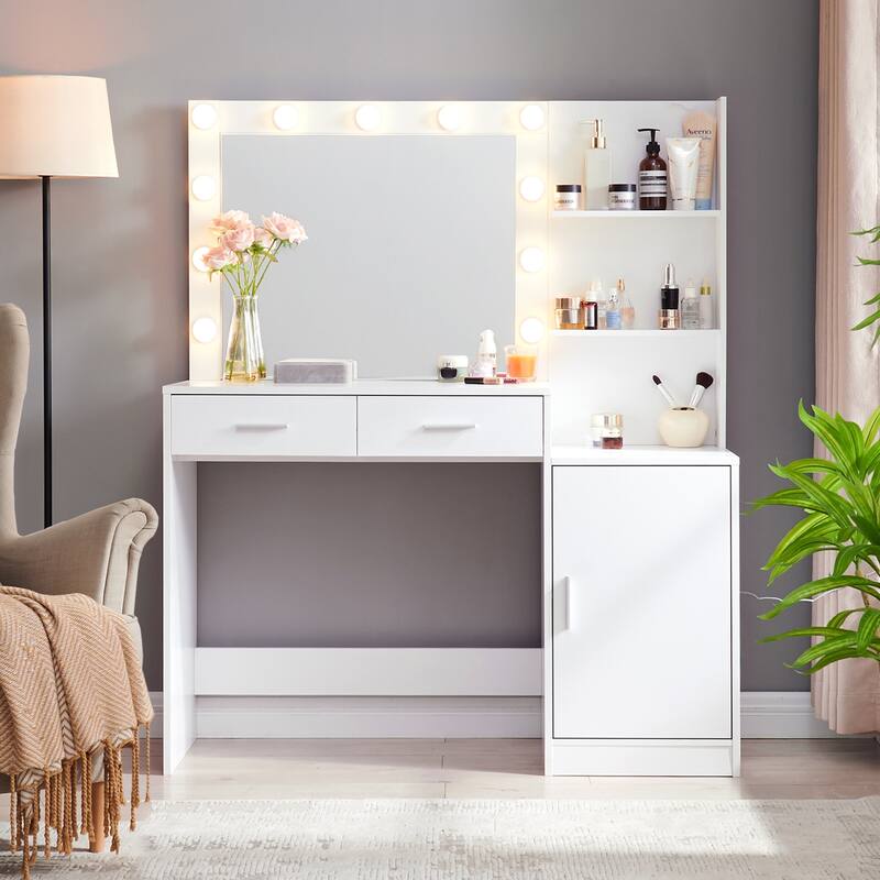 Vanity Desk with Mirror and Lights, with 2 Drawer&Vertical Organizer, 3 Level Dresser & 3 Lighting Modes Adjustable Brightness - White