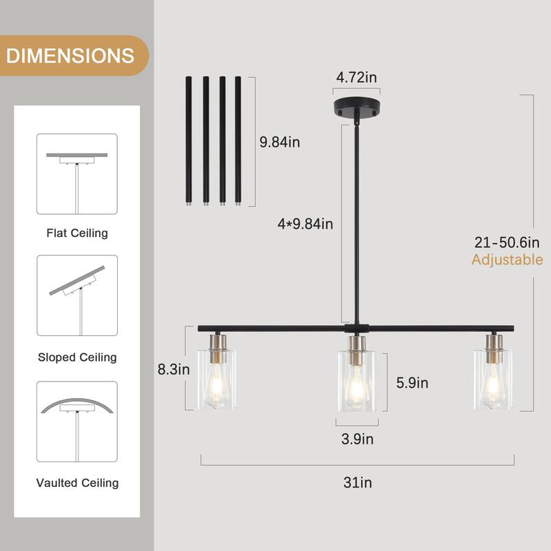 Modern Linear Ceiling Hanging Light 3-Lights Industrial Pendant Light with Adjustable Height for Living Room, Foyer - N/A