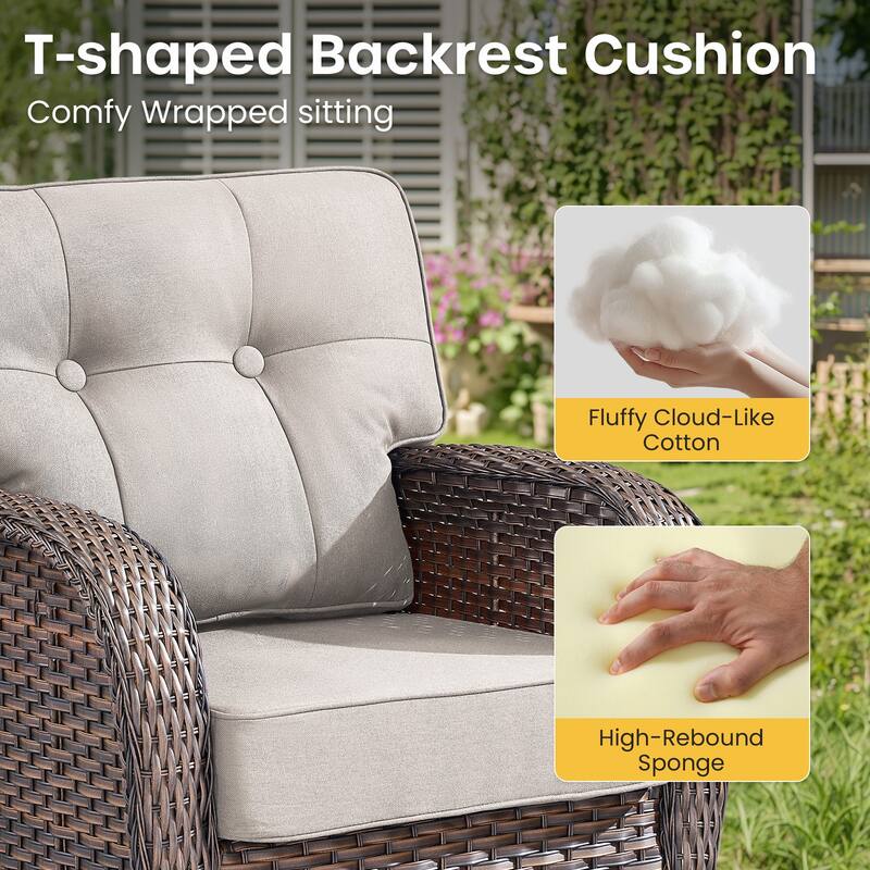 Gymojoy Outdoor Wicker Patio Furniture Sofa Set with 55,000 BTU Fire Pit Table, Swivel Chairs & Thick Cushions