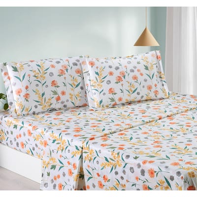 Estella Orange White Floral 100% Cotton Sheet Set with Pillowcase