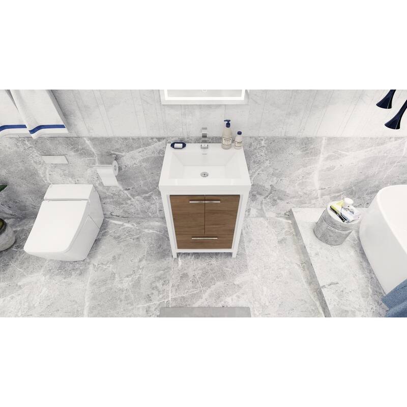 dolce 24 natural oak finish freestanding bath vanity with single basin reinforced acrylic top
