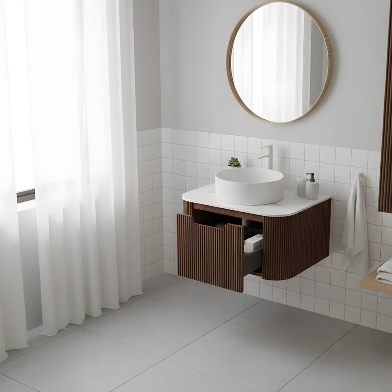 Wall Mounted Bathroom with White Round Ceramic Basin and Drawer