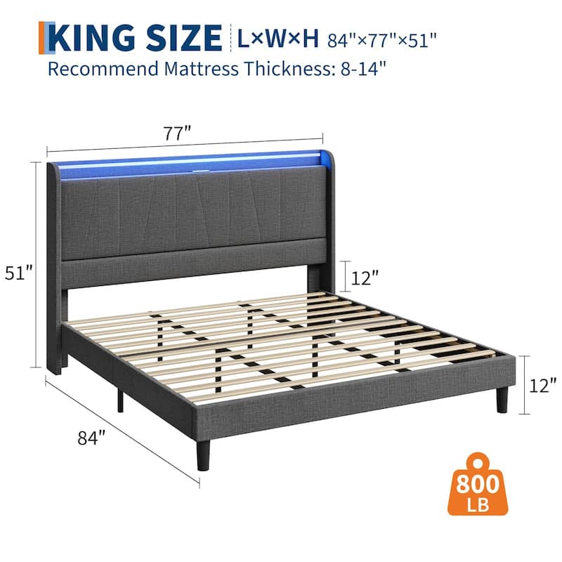 Bed Frame with Charging Station and LED Lights, Modern Platform Bed with Wooden Slats, Upholstered Headboard - Grey - King