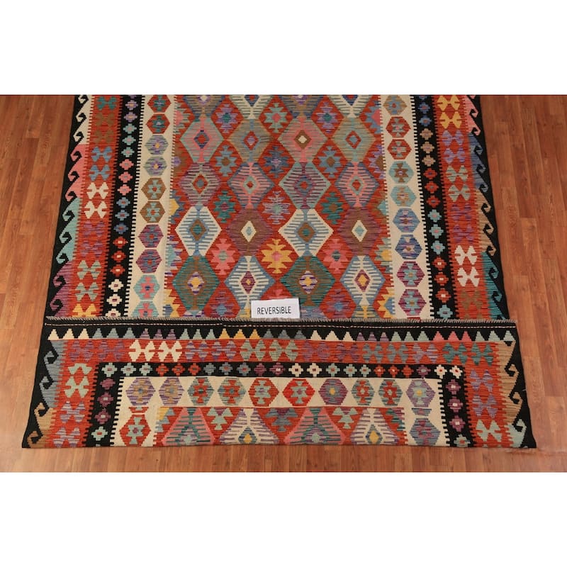 Kilim Oriental Area Rug Hand-Woven Orange Reversible Wool Carpet - 8'0"x 11'2"
