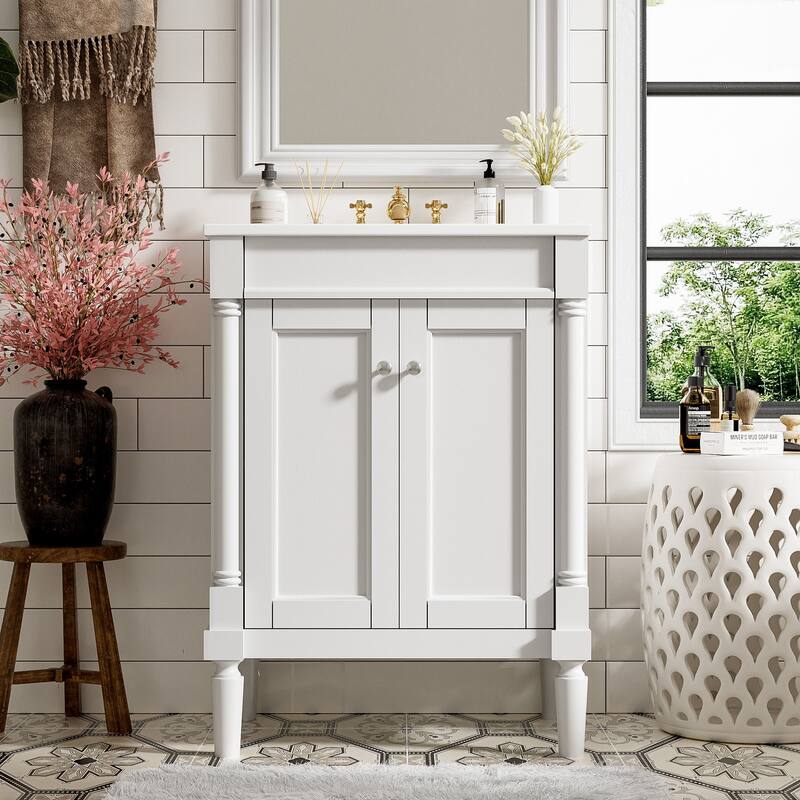 24 Inch Bathroom Vanity with Ceramic Top Sink, Freestanding Single Sink Vanity with Storage Shelves, Modern Style