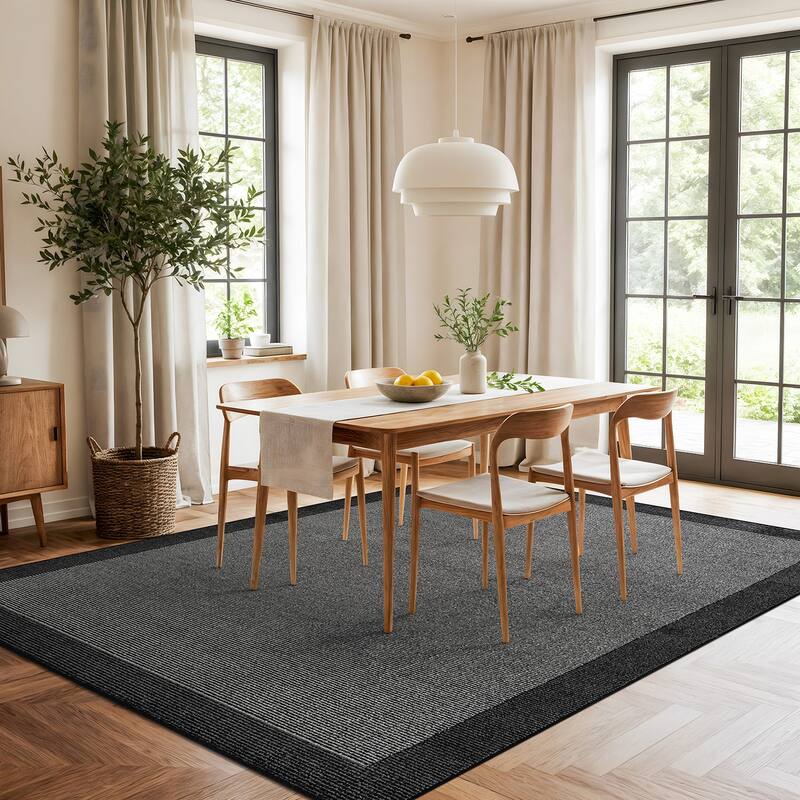 Modern Geometric Stripe Bordered Area Rug for Living Room, Bedroom, or Entryway - Low Pile Indoor Rug