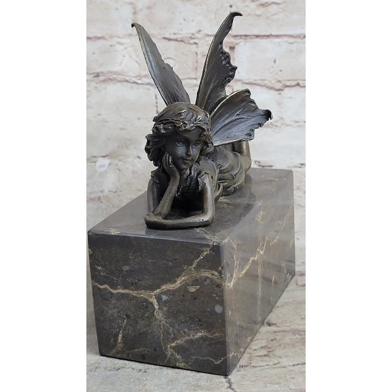 Fairy Child Young Girl Laying Down In Thought Bronze Metal Figure Statue Sculpture Marble Base