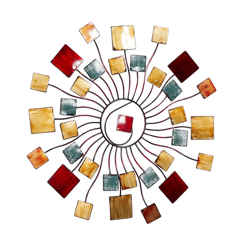 Multi Colored Metal Wire Sunburst Home Wall Decor with Square Shaped Accents