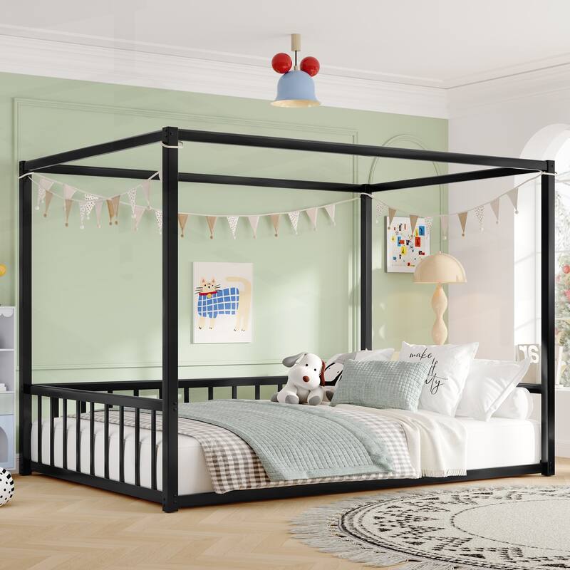 Modern Iron Double-Size Floor Bed with Multi-Functional Guardrails and Stable Structure