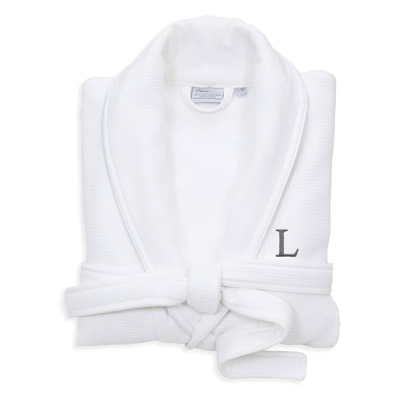 Authentic Hotel and Spa White Unisex Turkish Cotton Waffle Weave Terry Bath Robe with Grey Block Monogram - L/XL - L