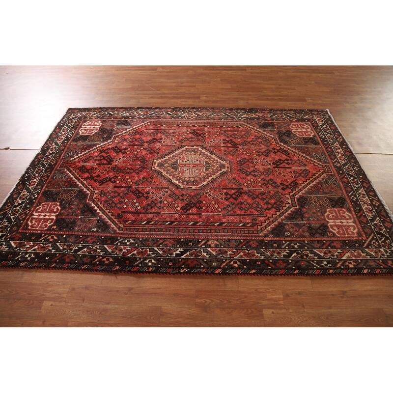 Red Qashqai Persian Vintage Area Rug Handmade Wool Carpet - 5'2"x 7'8"