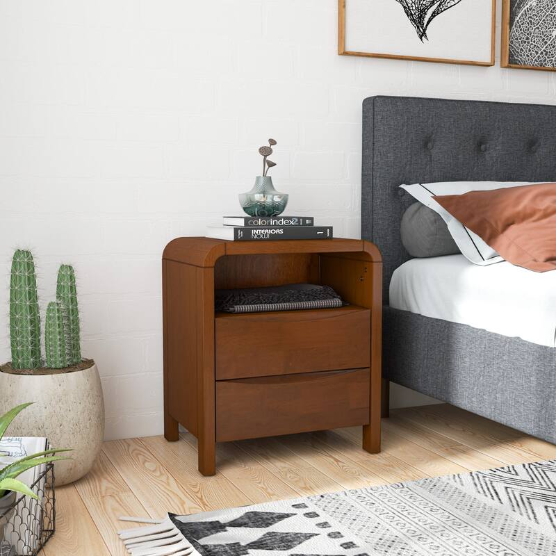 GDFStudio - Lionel Modern Mid-Century Solid Wood Nightstand with Open Shelf & 2 Drawer - Brown