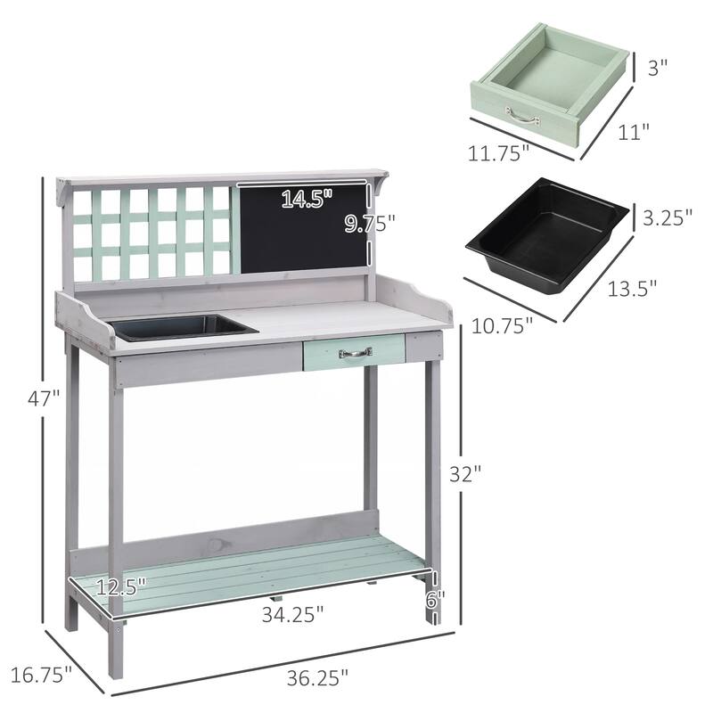 Outdoor Wooden Potting Bench Table with Removable Sink & Open Shelf Storage, Garden Work Bench with Chalkboard