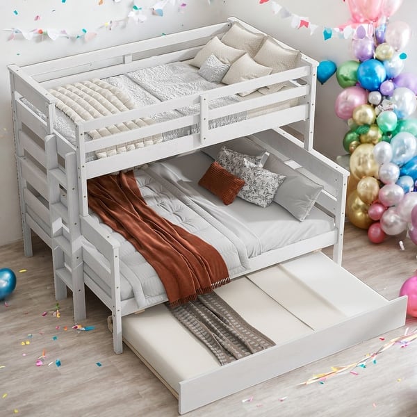 slide 2 of 12, White Twin Over Full Wood Bunk Bed With Twin Size Trundle for Bedroom White