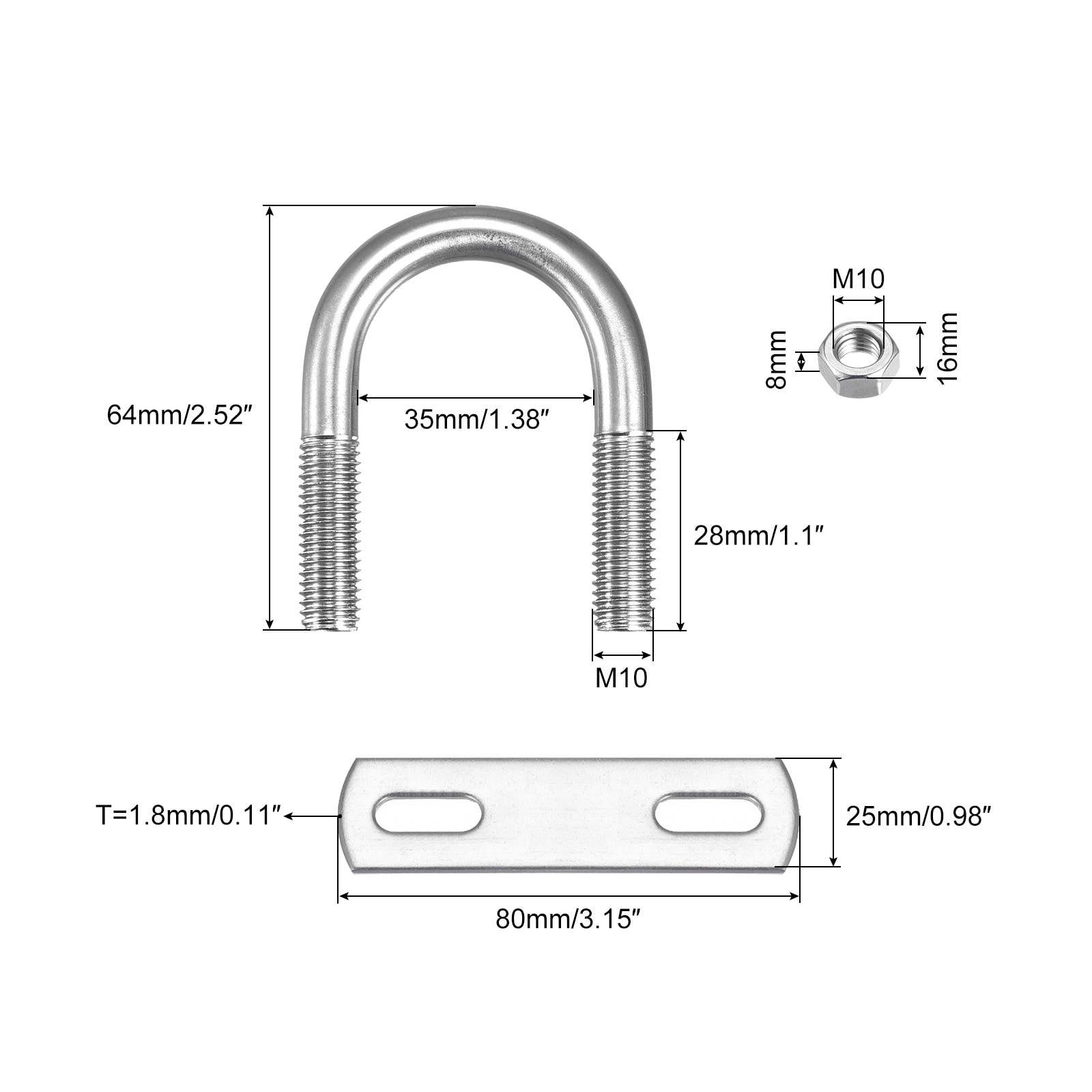 Round U-Bolts, 304 Stainless Steel U Clamp Bolt with Nuts and Plates, for Boat Trailer