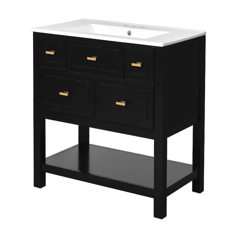 60'' Bathroom Vanity With Ceramic Sink Combo, Free Standing Single Vanity Set With 5 Drawers,Solid Wood FrameStorage Cabinet