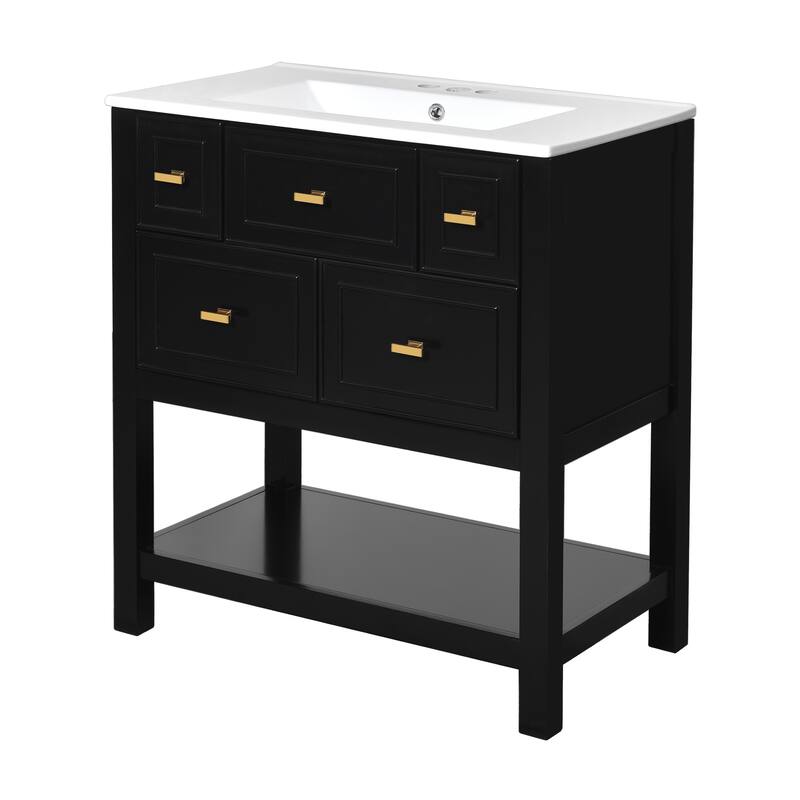 Bathroom Vanity with Ceramic Sink, Bathroom Storage Cabinet with 5 Drawers, Bathroom Vanity Set with Open Shelf