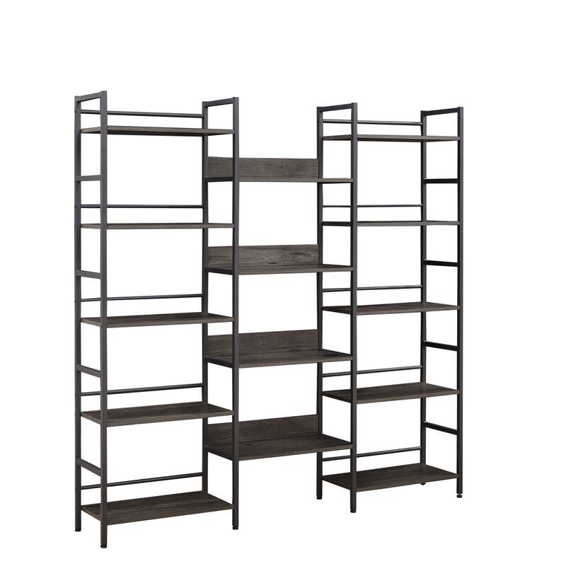 Industrial Style Metal Frame Triple Wide 5-shelf Bookshelves with Large Open Storage