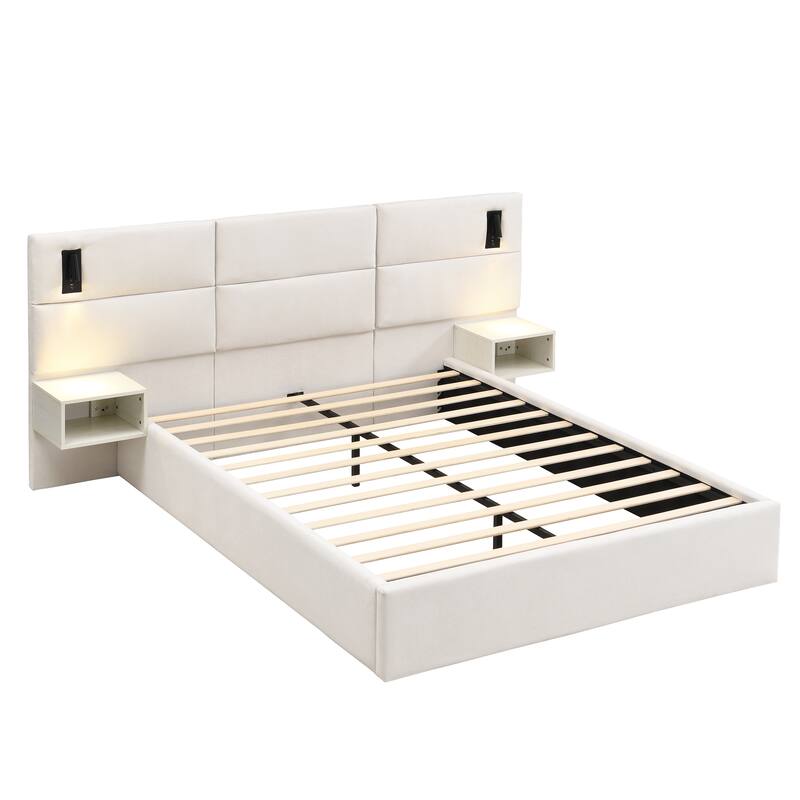 Christopher Knight Home - Mid-Century Modern Chenille Upholstered Smart Bed with Reading Lights & Built-In Shelves