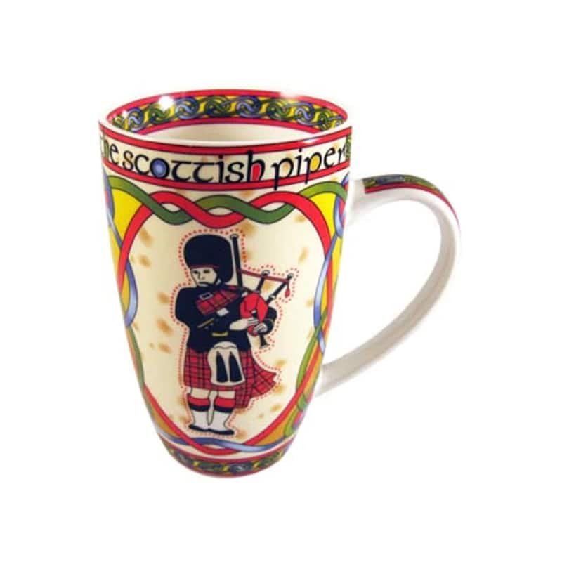 14oz Bone China Scratch Resistant Coffee Mug with Scottish Piper Motif Artwork and Dishwasher Safe
