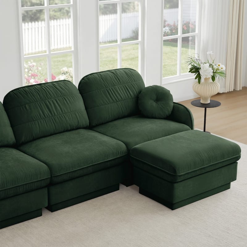 105" Chenille Sectional Sofa with 2 Round Pillows and 2 Movable Ottomans