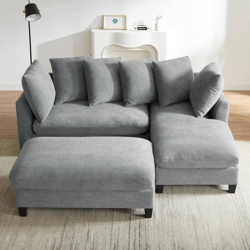 Chenille Sectional Sofa L-shaped Sofa with Movable Ottoman, Upholstered Sectional Sofa with 6 Throw Pillows, Bottom storage