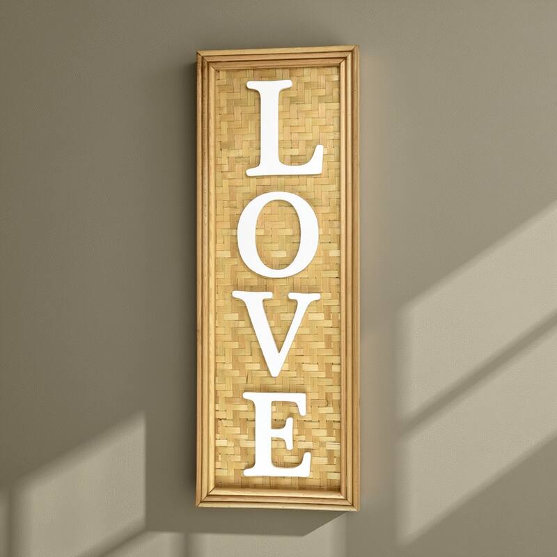 Love Wall Decor Sign, 10x28 Inch Brown Wood Background, White Woven