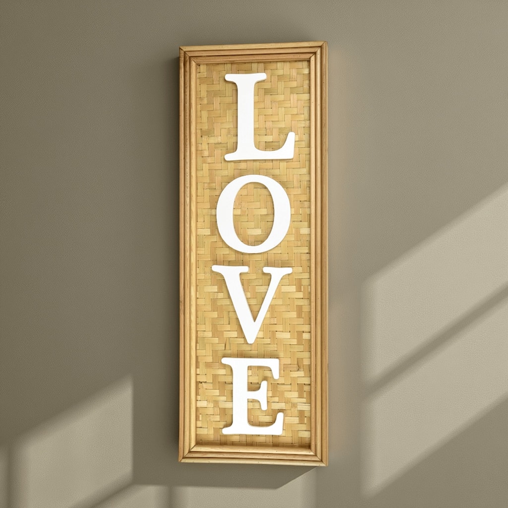 Love Wall Decor Sign, 10x28 Inch Brown Wood Background, White Woven