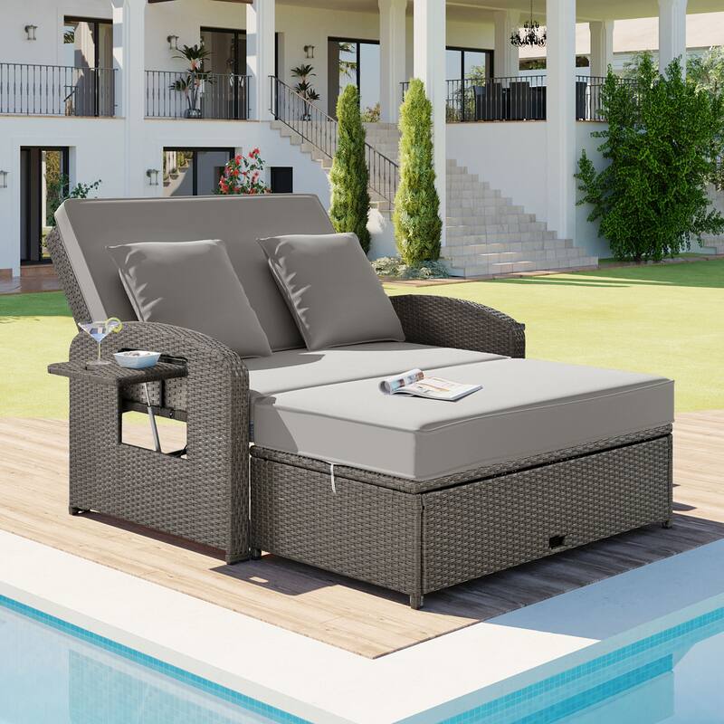 Roomfitters PE Wicker Rattan Double Chaise Lounge Daybed with Adjustable Back and Cushions - Grey