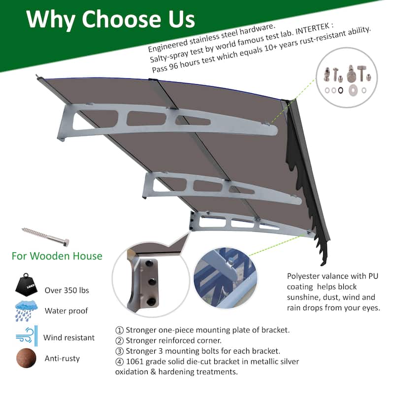 Series Door Window Awning Canopy Made of 0.137Inch Thick Crystal Solid Polycarbonate Sheet and Aluminum Alloy with Valance