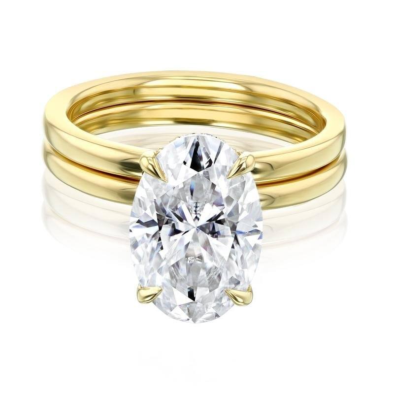 Kobelli Signature Collection 4.1 Carats Moissanite & Diamond 14k Solid Gold Oval Hidden Halo Plain Bands Orah 2pc Bridal Set - 7.5 - Yellow