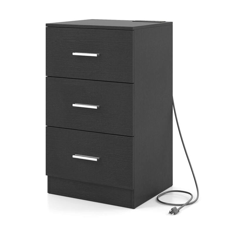 Costway 1/2 PCS Nightstand with Charging Station, 3 Storage Drawers