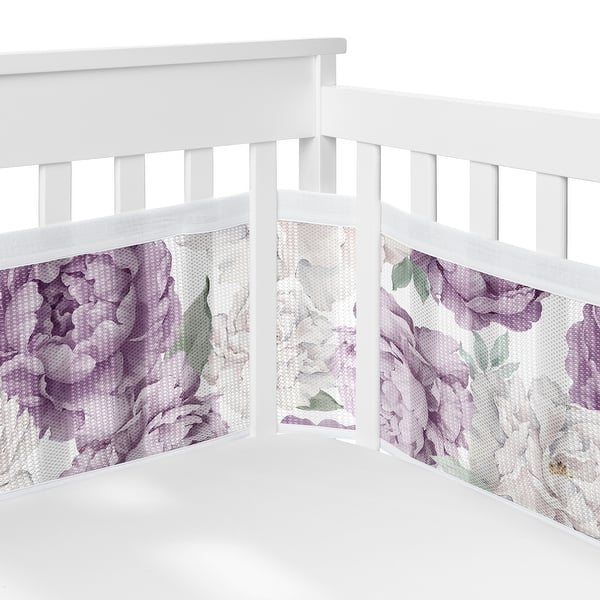 slide 2 of 6, Sweet Jojo Designs + BreathableBaby Breathable Mesh Crib Liner Pad Lavender Purple Boho Shabby Floral Girl Bohemian Watercolor