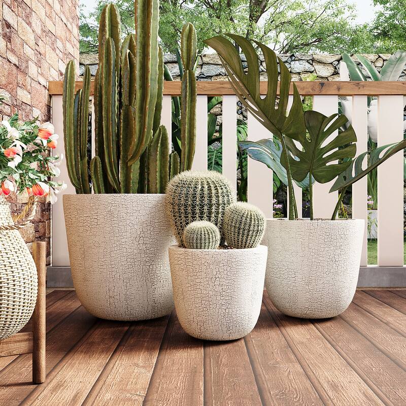 Lightweight Planter Set of 3,16.93"+13.78"+11.02"Dia Round Concrete Stackable Flower Pots with Drainage Holes and Rubber Plug - Beige