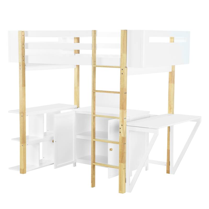 Space-Saving Twin Size Wooden Loft Platform Bed Frame with Storage Cabinet and Foldable Desk, Modern and Stylish for Bedroom