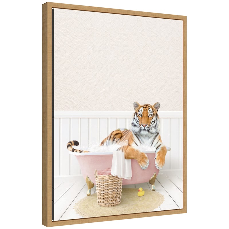 Kate and Laurel Sylvie Tiger in Cottage Pink Bath Framed Canvas by Amy Peterson - Natural