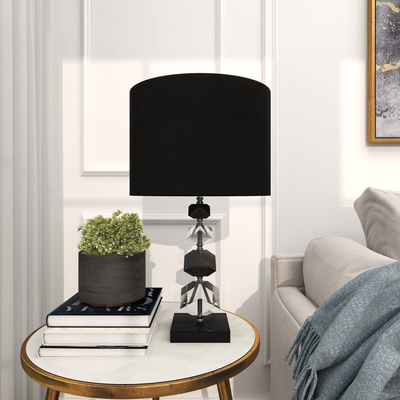 Clear Crystal Geometric Diamond Inspired Room Table Lamp with Black Crystal Base and Black Shade