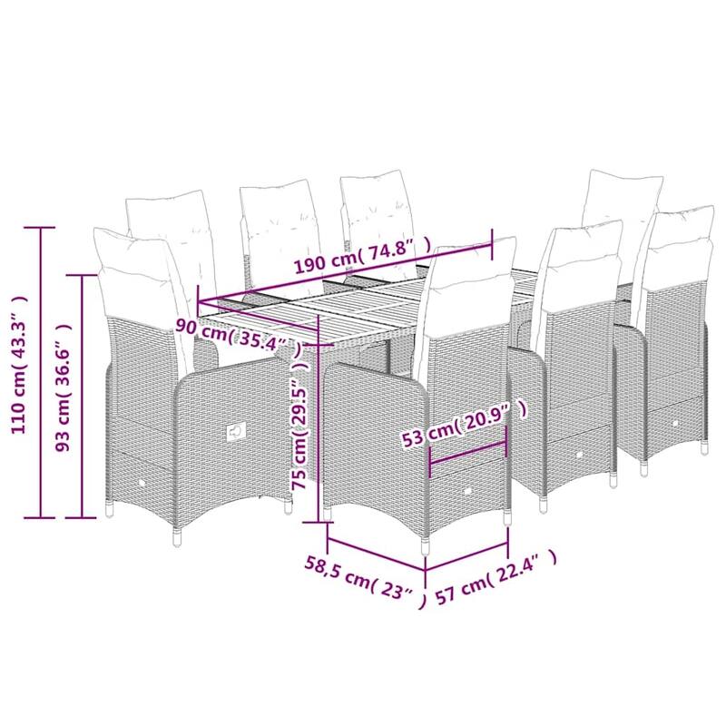 vidaXL Bistro Set Black PE Rattan 8-seater Adjustable Armrests - 23.0 x 21.5 x 36.2 in