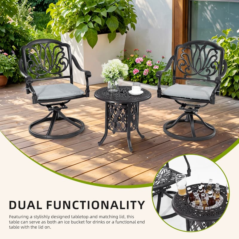 21"Side table With Removable Ice Bucket- Rustproof Cast Aluminum Frame, Hand-Brushed Finish, Food-Grade 304 Stainless Steel