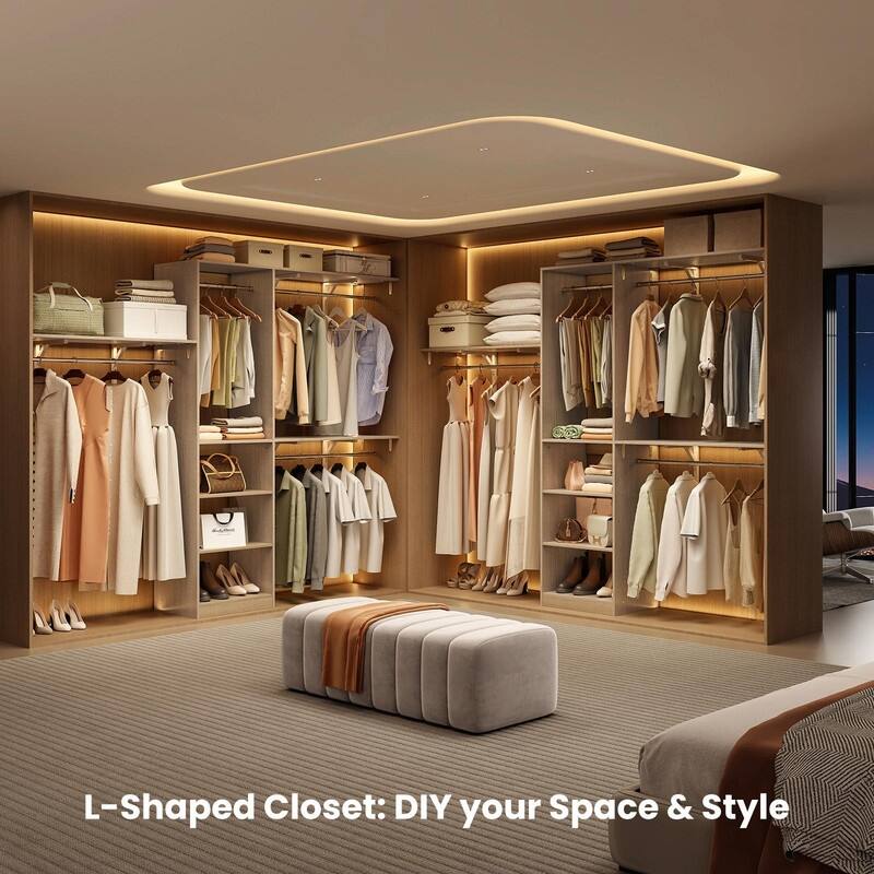 Heavy-Duty Wood Walk-In Closet Organizer - Adjustable Wardrobe System with 4 Hanging Rods & 5 Shelves for 8 ft Spaces