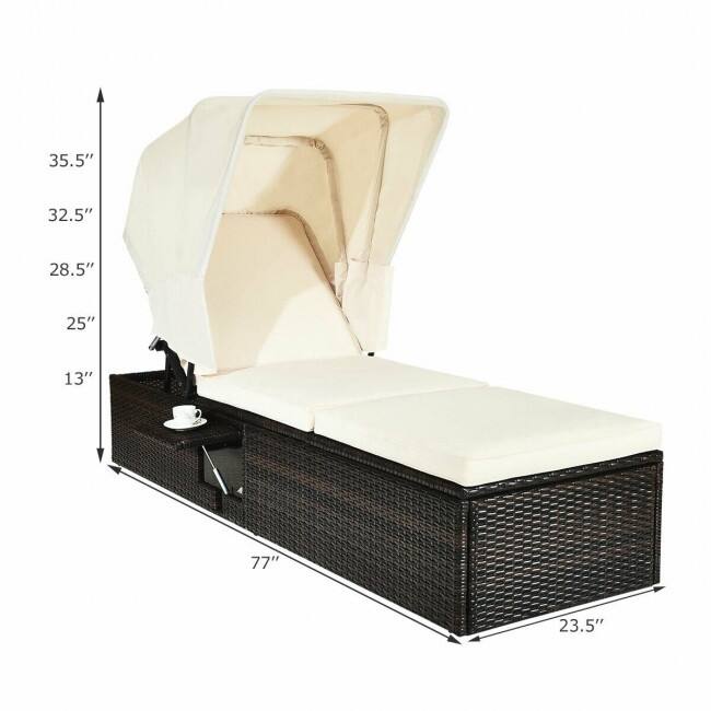 Chaise Cushioned Top Canopy Patio Rattan Lounge Chair with Tea Table - 77”x 23.5”x 13”-25”-28.5”-32.5”-35.5”(L x W x H)