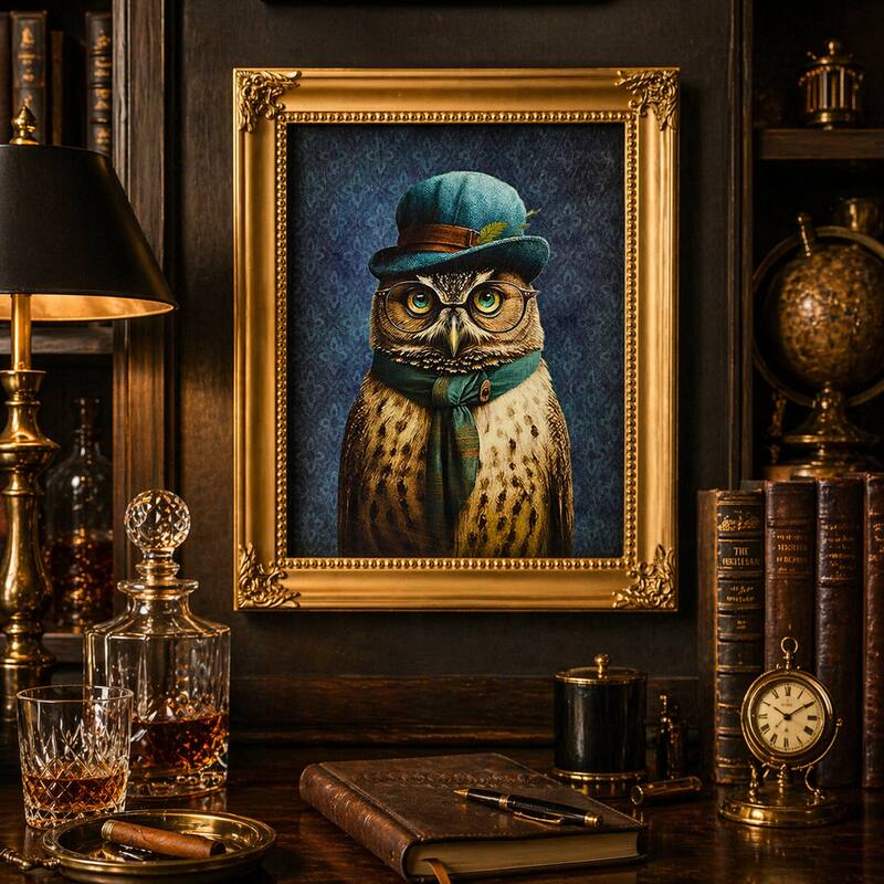 American Art Decor Old Wise Owl Ornate Framed Bar Wall Decor - 16.75" H x 13.75" L x 1" D