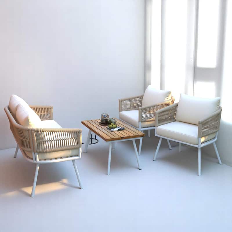 4-Piece Boho Patio Furniture Set with Rope Woven Chairs,Wood Table & Cushions - Outdoor Conversation Set - Beige