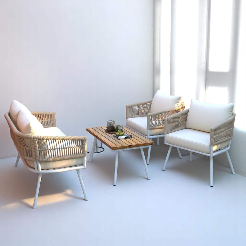 4-Piece Boho Patio Furniture Set with Rope Woven Chairs,Wood Table & Cushions - Outdoor Conversation Set